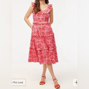 J. Crew Pink and Red Tiered Floral Midi Dress